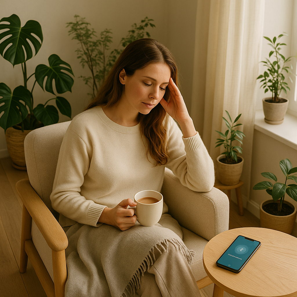 Hero image of a thoughtful person sitting indoors, with calming tech tools (e.g., headphones, mindfulness app open)