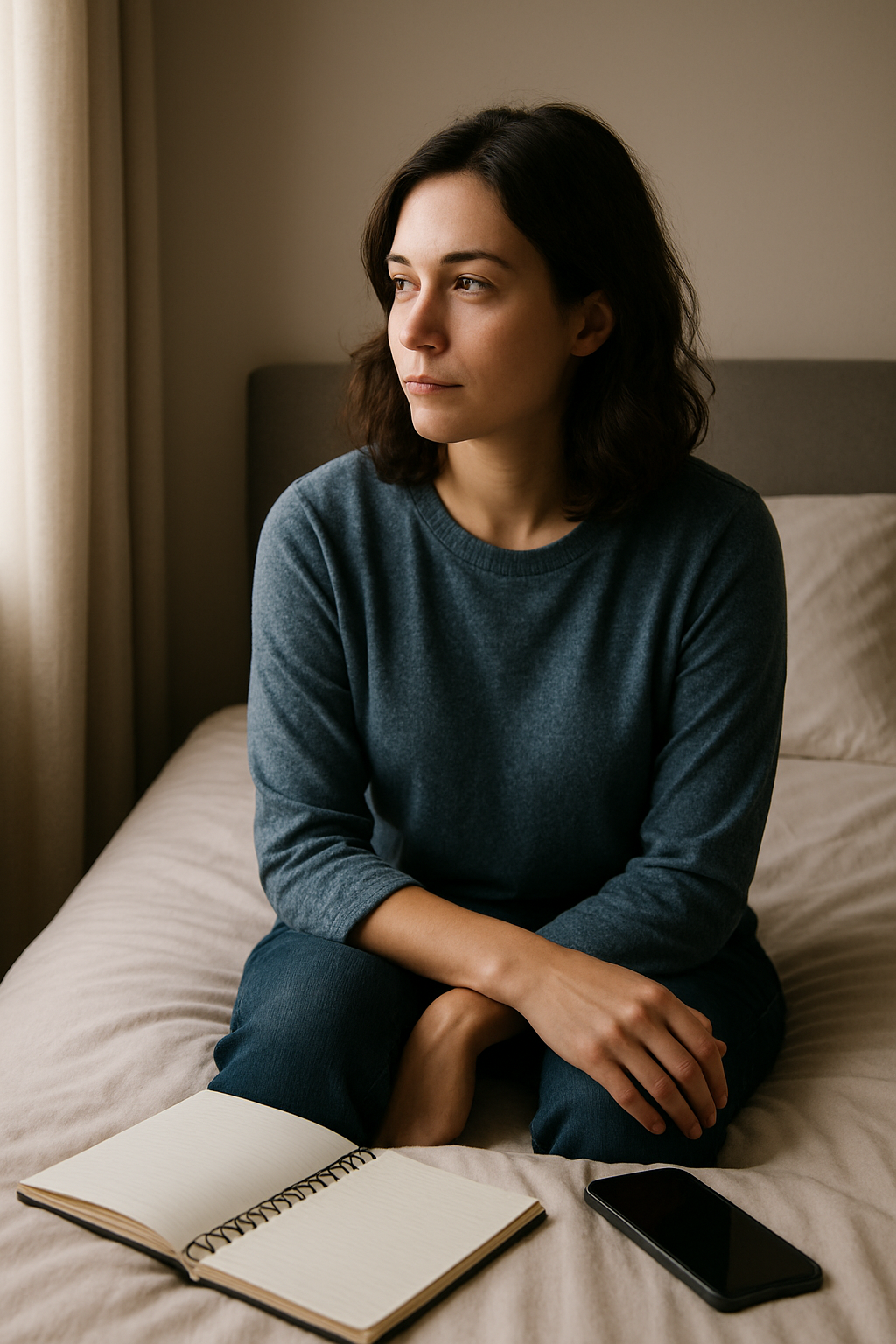 A woman sitting quietly on a bed in morning light, a journal and phone beside her — thoughtful and calm