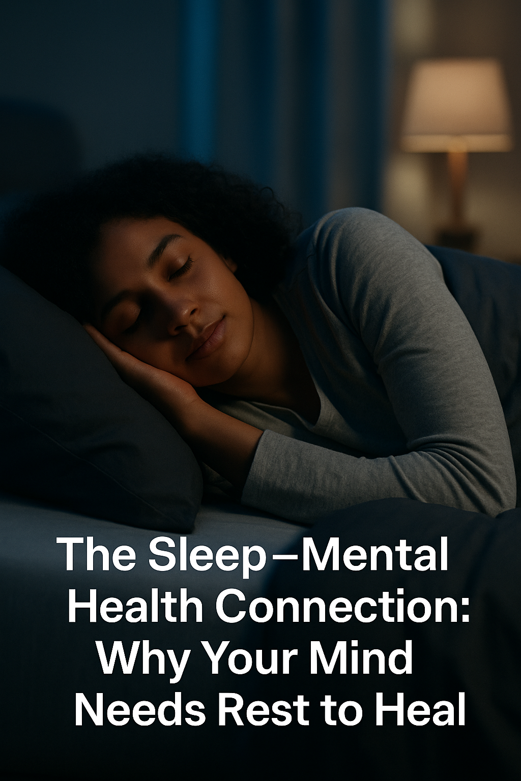 Person peacefully sleeping in a dark, cozy room, symbolizing mental calm and rest.