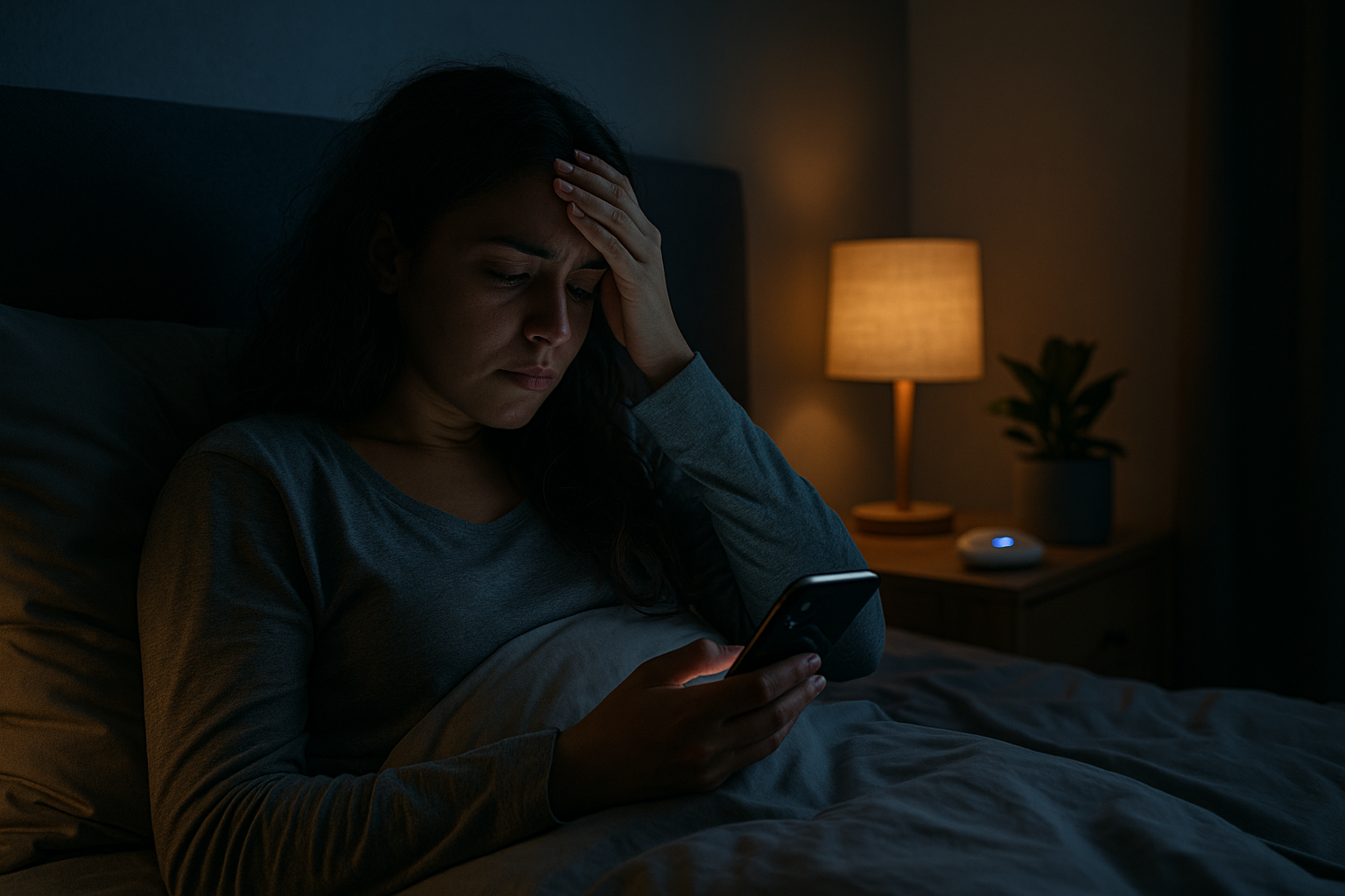 Young adult woman lying in bed with her phone at night, face softly lit by screen, a look of overwhelm or exhaustion