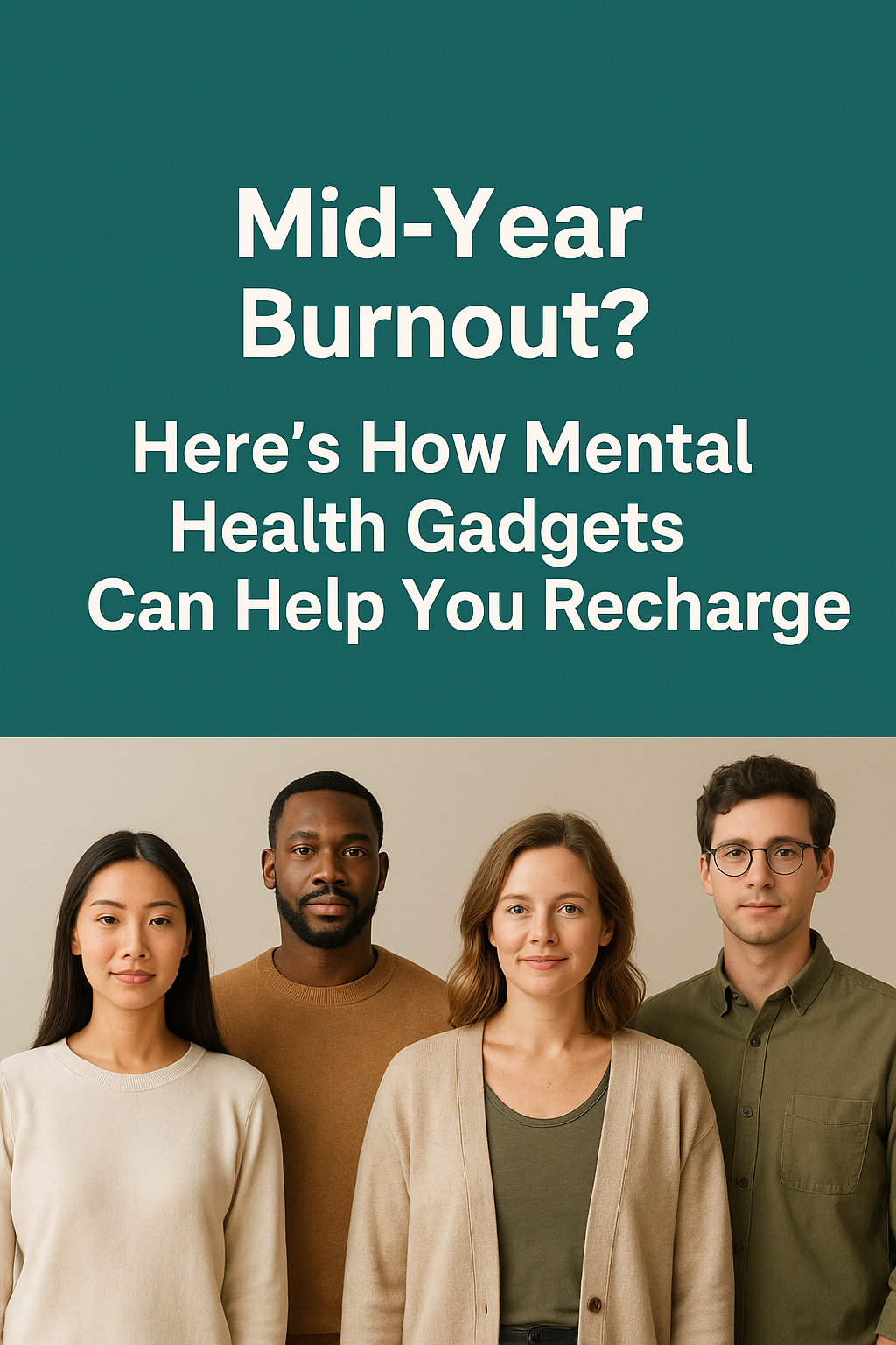 Diverse individuals standing calmly together, dressed in cozy clothing, promoting balance and recovery during mid-year burnout