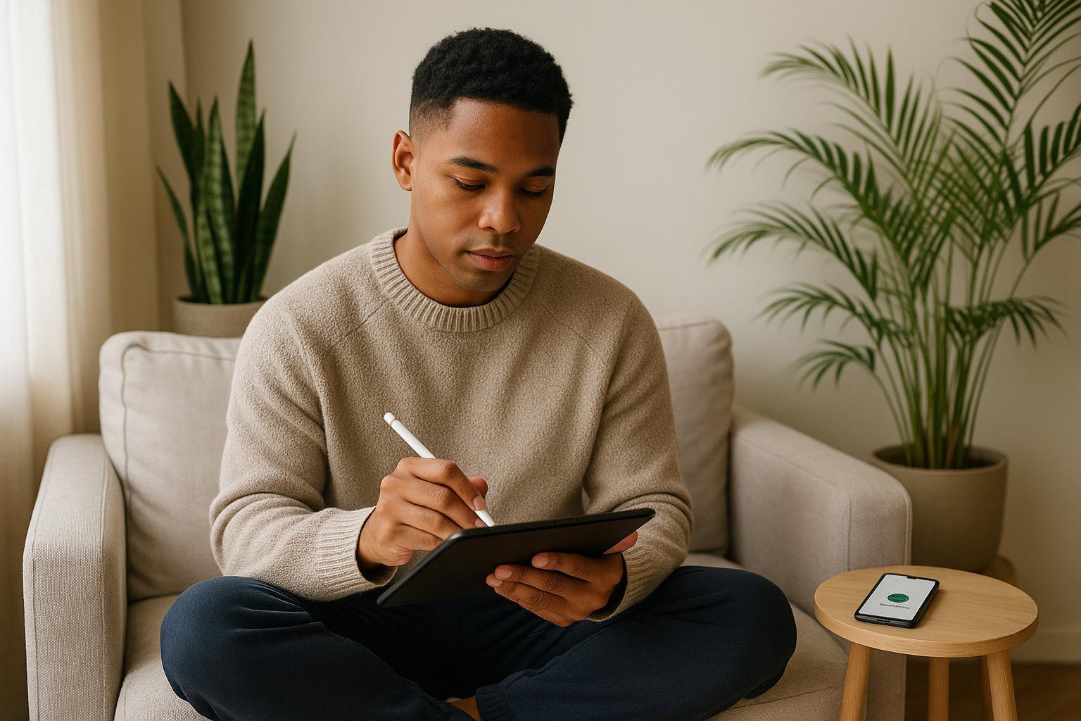 A young African American man sits calmly on a beige sofa, journaling on a tablet with a stylus. Surrounded by natural light and greenery, he appears introspective and focused.