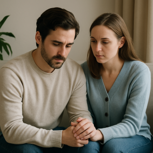 A calm couple on a sofa, one holding the other’s hand with care and empathy