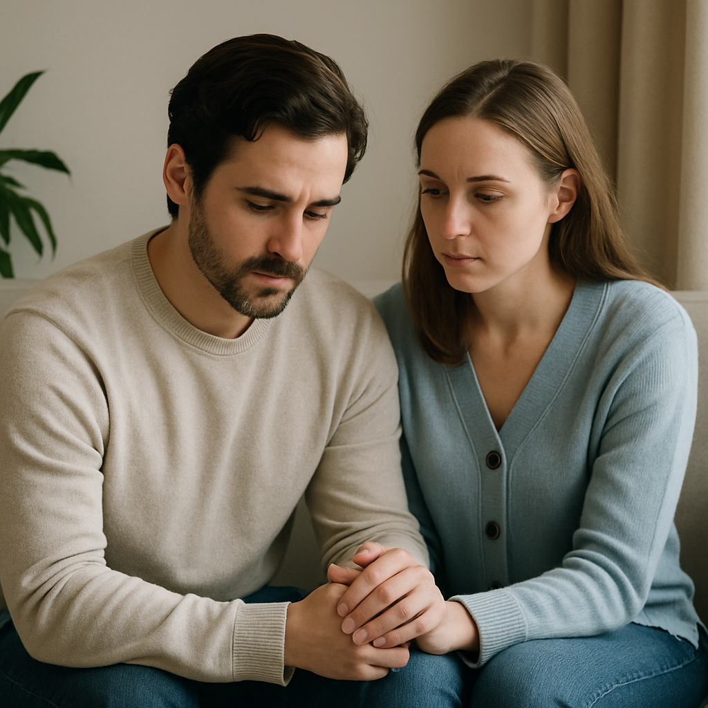 A calm couple on a sofa, one holding the other’s hand with care and empathy