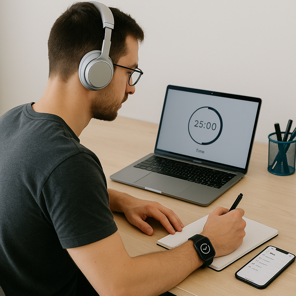 Young adult man wearing headphones, focused on writing while using a Pomodoro timer on his laptop.