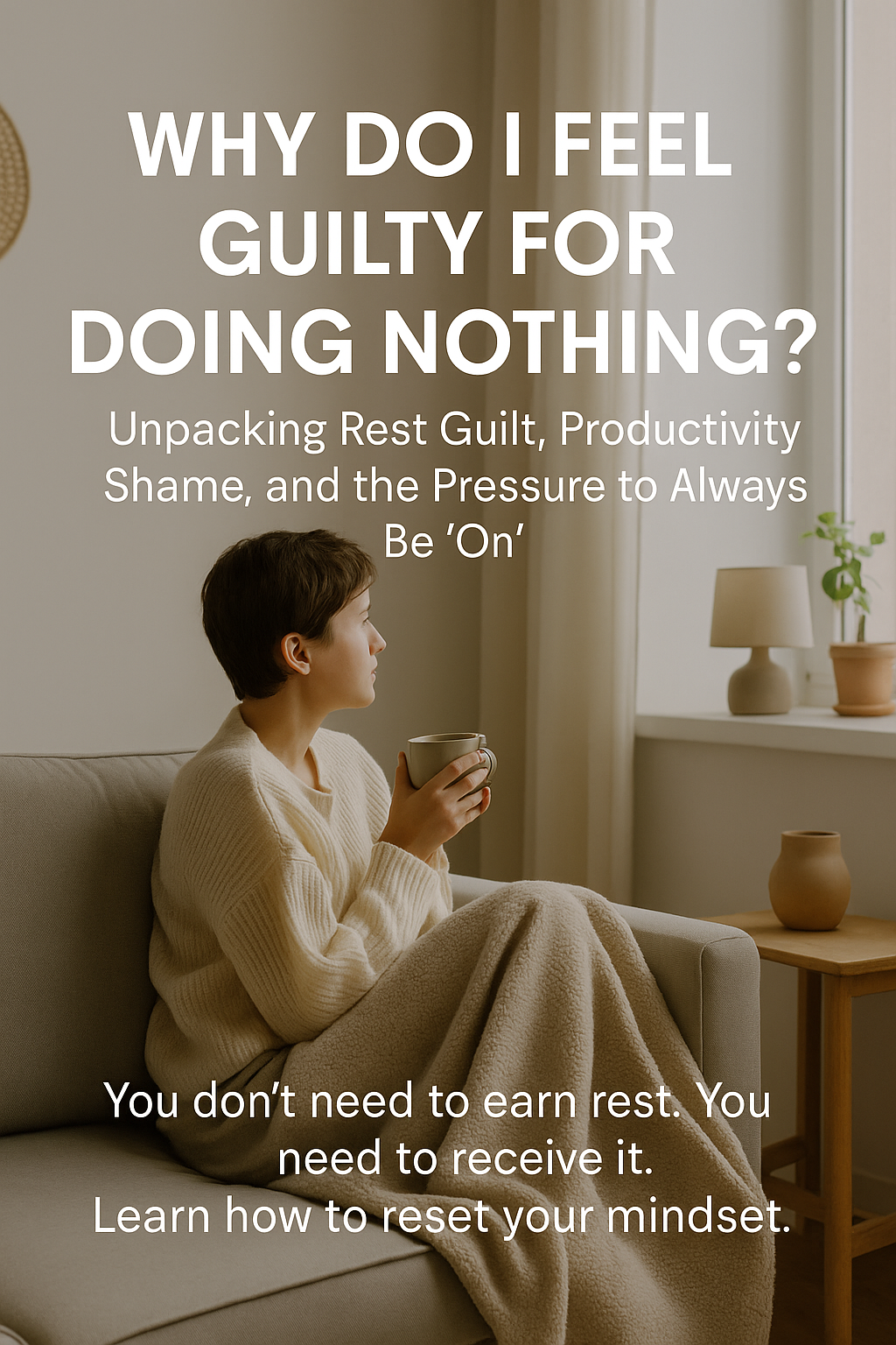 A person sits peacefully on a couch holding a warm cup, gazing out the window, surrounded by cozy minimal decor — a visual representation of guilt-free rest.