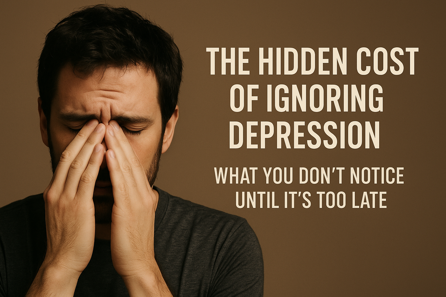 A distressed man with hands on his face beside the headline “The Hidden Cost of Ignoring Depression”